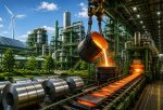 Indian steel producers holding certificates for green steel production in a manufacturing plant.