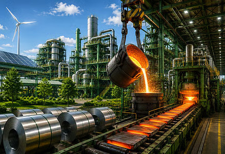 Indian steel producers holding certificates for green steel production in a manufacturing plant.